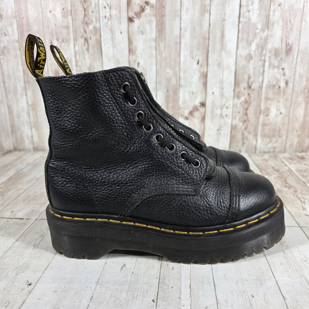 Dr Martens Sinclair Black Pebbled Leather Platform Zip Front Boots Womens 8
